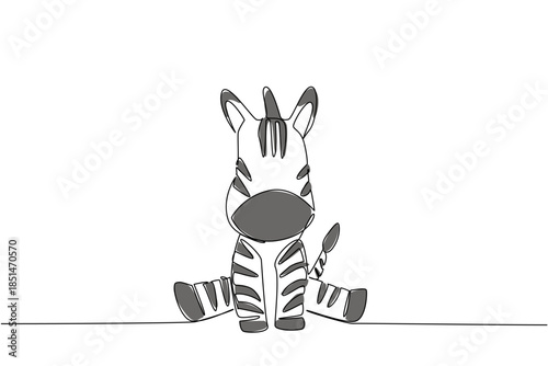 Continuous line drawing wildlife concept showing a cute baby zebra sitting with expressive black and white stripes and big snout, perfect for jungle, safari, or kids animal illustration themes.