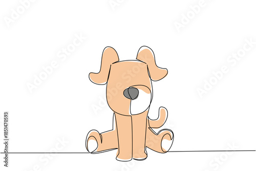 Single line drawing of cute puppy baby dog sitting down, with floppy ears and a wagging tail, symbolizing loyalty, playfulness, adorable companionship, affection, loyal companionship, and playfulness