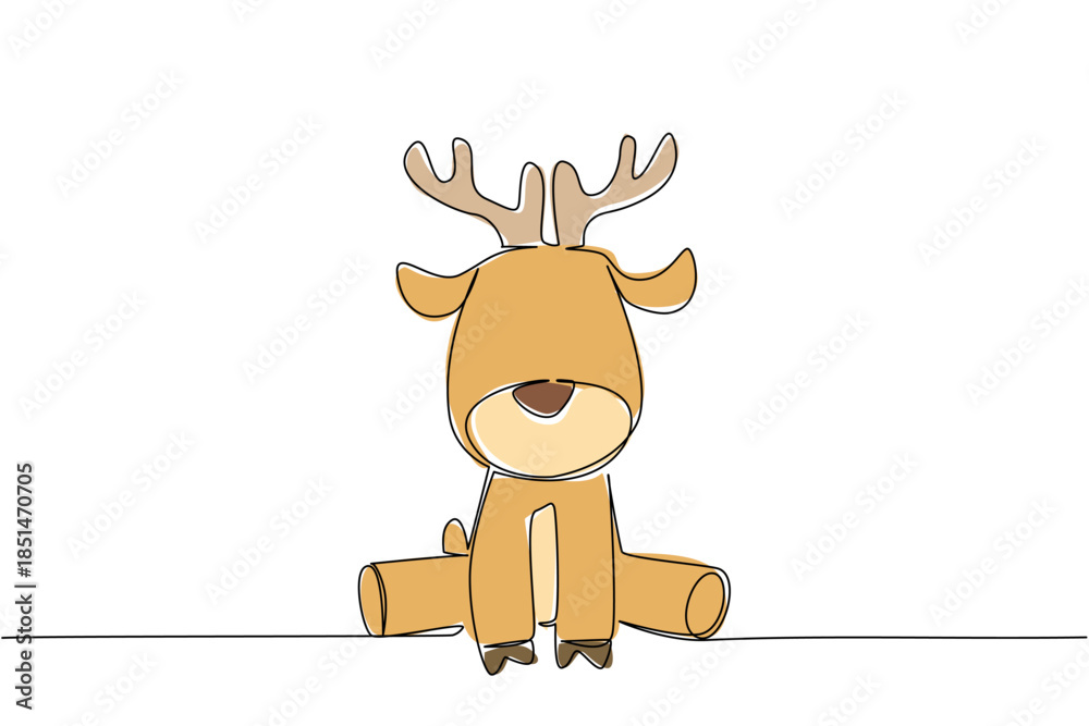 Fototapeta premium Continuous line drawing nature concept of baby deer with soft brown fur and tiny antler sitting quietly. Ideal for forest, wildlife, or children book animal theme emphasizing tranquility and innocence