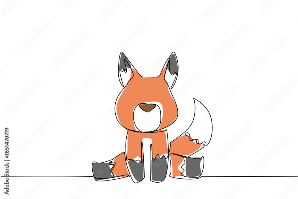 Obraz premium Continuous line drawing animal concept show baby fox with striking white tail and ear tips sitting. Ideal for nature, woodland, or adorable children themes, symbolizing curiosity and intelligence.