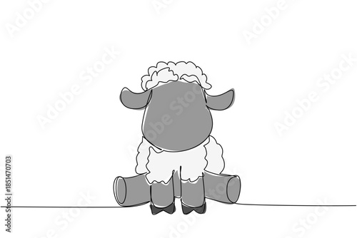 One line drawing farm animal concept of a fluffy soft wool baby sheep sitting. Suits nursery, pasture, or children book themes, emphasizing softness, pastoral peace, innocence, and rural life.