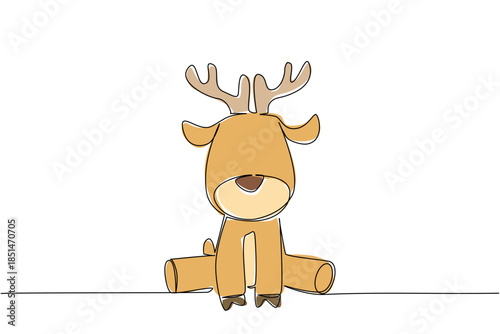 Continuous line drawing nature concept of baby deer with soft brown fur and tiny antler sitting quietly. Ideal for forest, wildlife, or children book animal theme emphasizing tranquility and innocence