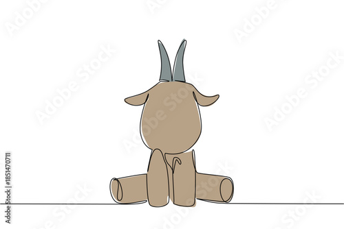 One line drawing of a cute baby goat sitting down, with small horns and an inquisitive expression, symbolizing playful mischief, playful, friendly nature, resilience, and rural charm.