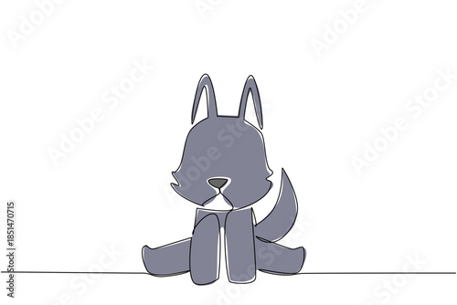 One line drawing animal concept for a baby wolf with upright ears and bushy tail sitting. Suitable for wildlife, forest, or children decor. Shows the playful innocence and natural beauty of wolf pups.