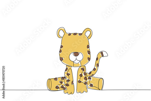 Single line drawing wildlife concept of baby cheetah with brown spots and long tail curled, sitting. Great for safari, big cat, or animal education content. Unique spotted fur and gentle young nature.