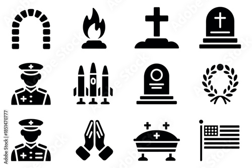 Military funeral icons soldier tribute ceremony vector illustration