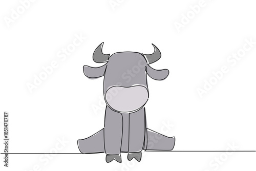 Single line drawing of an animal, a cute baby water buffalo sitting down, with curved horns and a serene expression, symbolizing strength, tranquility, and the charm of farm or wild bovines.