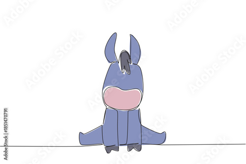 Single line drawing of an animal, a cute baby donkey with big ears and a round soft nose sitting down. Friendly expression, symbolizing innocence, loyalty, farm charm and agriculture or country living