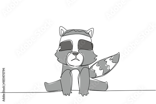 One line drawing of chubby cute gray baby raccoon sits with striped tail and black bandit mask, highlighting woodland curiosity, gentle playfulness and charm, ideal for forest protection or wildlife.