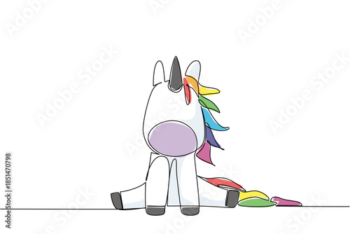 Whimsical white cute unicorn baby with horn, rainbow mane and tail sits happily, bringing fantasy magic and playful charm to international creative or fairytale themed celebration events.