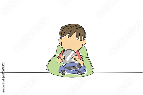 Single line drawing of young boy sitting with toy car, holding big round button battery near his face. show risk of children accessing small, dangerous object. National Button Battery Awareness Day