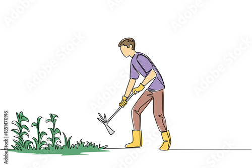 Continuous line drawing of a young man in gloves and boots, actively weeding a garden bed with a small hoe, symbolizing diligent garden care and maintenance. National Weed Your Garden Day event.