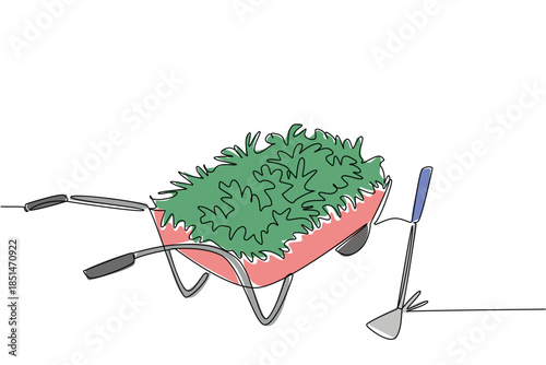 One line drawing of a wheelbarrow overflowing with weeds or garden refuse, next to small gardening tools such a hoe, symbolizing the effort and bounty of garden cleanup. National Weed Your Garden Day