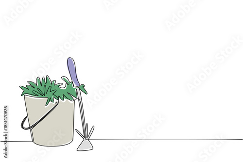 Continuous line drawing of bucket filled with weeds or plants, next to a small garden hoe and trowel. The gardening tools and results of garden weeding. National Weed Your Garden Day event.