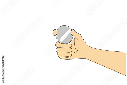 Single line drawing of clenched hand tightly gripping single round silver button battery, symbolizing need to secure and keep these dangerous items out of reach. National Button Battery Awareness Day