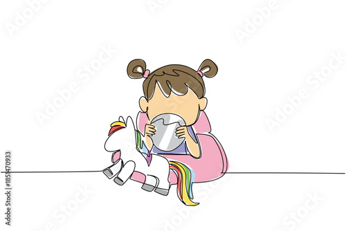 Continuous line drawing of a young girl sitting with a unicorn toy, holding a big button battery near her face, highlighting the danger of ingestion. National Button Battery Awareness Day event