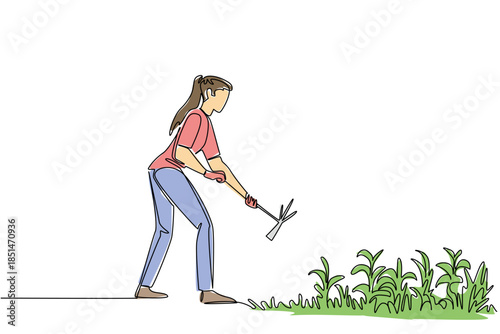 Single line drawing of young woman in pink shirt, jeans gloves and boots using a hoe weeding patch of grass. Personal action, health, and gardening care for National Weed Your Garden Day.