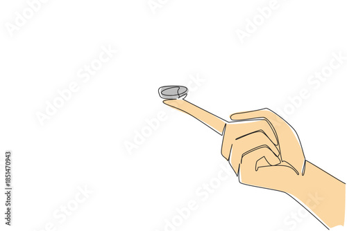 Continuous line drawing of hand holding small round button battery balanced on the tip of index finger, symbolizing the small size and easy access of hazard. National Button Battery Awareness Day