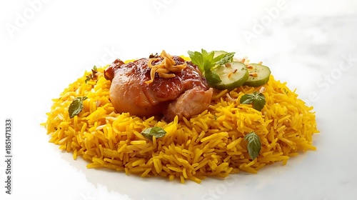 Thai Style Chicken Biryani with Yellow Saffron Rice on White Background