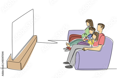 Continuous line drawing of family, mom, dad, son and daughter, sitting on a couch, sharing a bowl of popcorn and enjoying movie. Joyful family time and shared entertainment. National Movie Night event