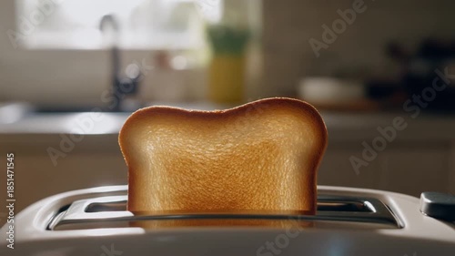 A perfectly golden-brown slice of toasted bread gracefully emerges from an electric toaster, capturing the essence of a warm and inviting morning breakfast moment in a bright kitchen
