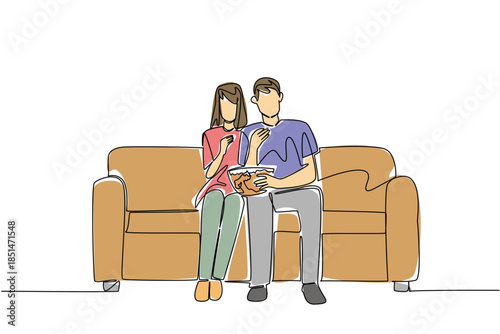 Continuous line drawing of couple sitting on couch, sharing bowl of popcorn on National Movie Night and engrossed in movie, symbolizing cozy entertainment and shared leisure. Enjoying a cozy date