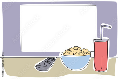Single line drawing of a television screen, a bowl of popcorn, a soda, and a remote control, symbolizing the essential elements for a cozy movie night at home. National Movie Night event