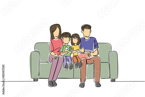Single line drawing of a family, mom, dad and two children, sitting on a couch, watching television, symbolizing shared family entertainment and home comfort. National Movie Night event