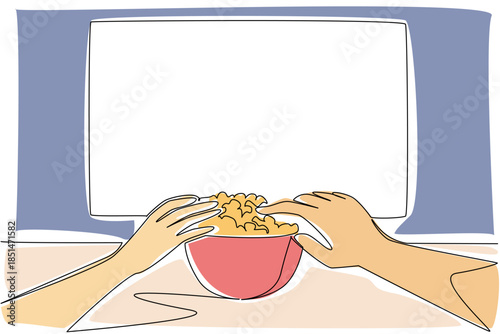 Close up continuous line drawing of two couple hands sharing and reaching popcorn in front of big TV, the classic National Movie Night experience filled with snacks, companionship, and screen time.
