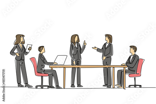 Continuous line drawing vector of men and women in a board meeting for International Community Association Managers Day business concept. Design shows teamwork, leadership and management discussion.