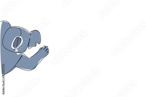 Continuous line drawing of a cute baby koala waving hand to say hi for nature concept. This minimalist animal design represents Australian wildlife and a happy friendly greeting.