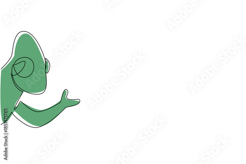 Single line drawing of a cute baby chameleon waving hand to say hi for nature concept. This minimalist animal design represents reptile and a happy friendly greeting theme sign.