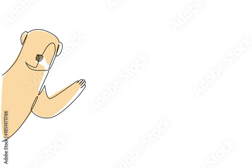 Single line drawing of a cute baby meerkat waving hand to say hi for nature concept. This minimalist animal design represents wildlife and a happy friendly greeting theme symbol.