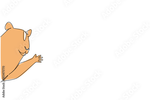 Continuous line draw of chubby hamster lean forward with tiny paw raised, cheerful expression saying hi. Perfect for pet shop ad, kids room prints, kawaii stationery, and playful social media stickers