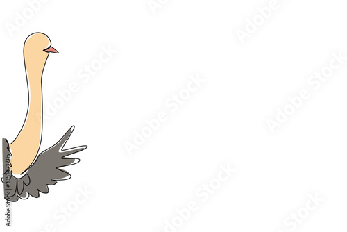 Continuous line drawing of a cute ostrich waving wing to say hi for wildlife concept. This minimalist animal design represents bird nature and a happy friendly greeting theme style.