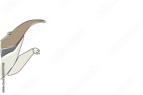 One line drawing of a cute anteater waving claw to say hi for nature concept. This minimalist animal design represents forest wildlife and a happy friendly greeting theme symbol.