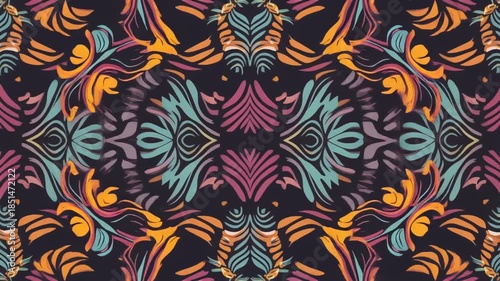 Vibrant and ornate seamless pattern featuring intricate symmetrical floral and botanical motifs, creating a luxurious decorative background with an artistic flair