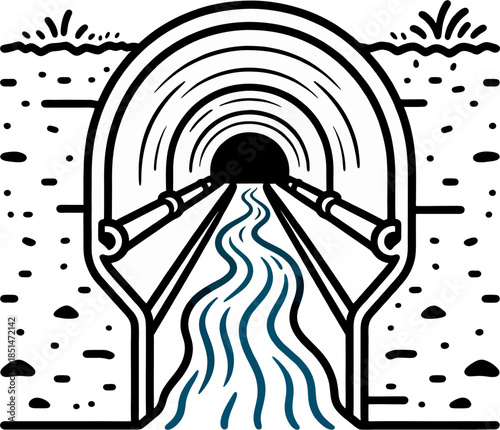 Underground water tunnel with flowing channel cross section minimalist line illustration