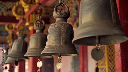 A peaceful display of intricately designed antique bronze temple bells hangs in a sacred Asian sanctuary, reflecting spiritual tradition and cultural heritage