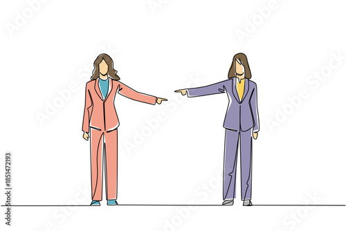 Continuous line drawing of a young man and woman where one is pointing an accusing finger at the other representing a relationship conflict for National Blame Someone Else Day social concept.
