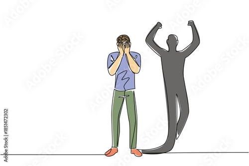 Continuous line drawing of man in cover his face in despair with triumphant shadow behind, symbolizing adversity for mental health concept. Resilience related to National Posttraumatic Growth Day