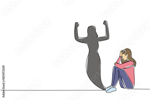 Continuous line drawing of woman sitting in distress with triumphant raised arms shadow behind. Emerging stronger for a mental health concept. Resilience related to National Posttraumatic Growth Day