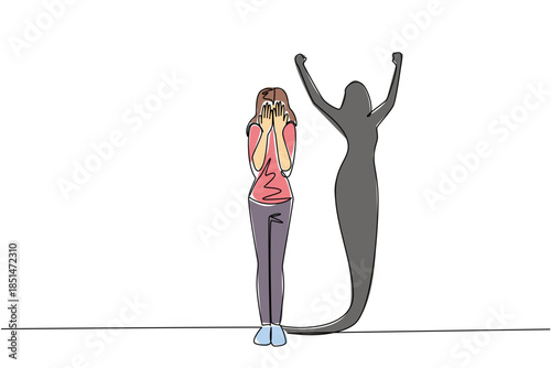 Single line drawing of woman cover her face in despair with triumphant shadow show raised arms behind. Rising from the ashes for a mental health. Resilience theme is National Posttraumatic Growth Day