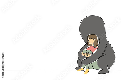 One line drawing of depressed woman huddled with protective big shadow figure behind, symbolize solace through support for a mental health concept. Healing related to National Posttraumatic Growth Day