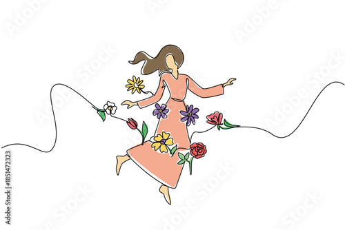 One line drawing of woman dancing gracefully with colorful rose, daisy flowers, symbolizing freedom and natural expression. Holistic well being theme for National Dance Movement Therapy Advocacy Day