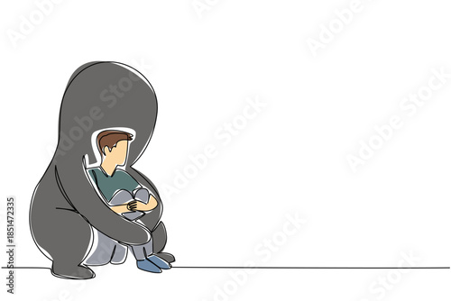 Continuous line draw of man huddled in fear with comforting big shadow figure behind, symbolizing support through trauma for mental health concept. Healing related to National Posttraumatic Growth Day