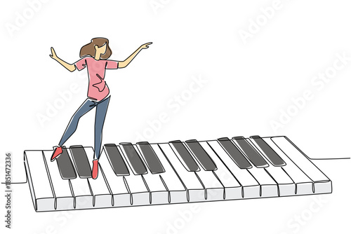 One line drawing of woman with red shoes dancing on a piano keyboard with musical notes, representing rhythmic movement and expression. Artistic therapy theme for National Dance Movement Advocacy Day