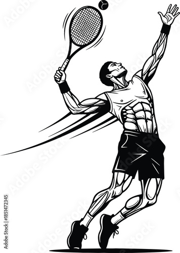 Dynamic tennis player serve vector illustration in black and white ink style for sports tournament and fitness branding.