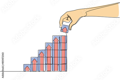 Continuous line drawing of hand building growth chart with upward arrows for a business concept. Strategy and success theme is for National Productive Business Civility Day event.