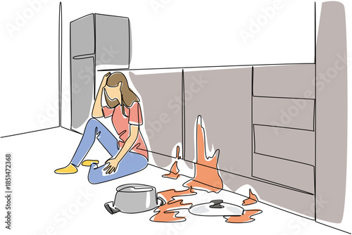 Continuous line drawing of woman sitting on floor in despair next to spilled pot of food for a kitchen disaster concept. Cooking failure theme is for National Kitchen Klutzes of America Day event